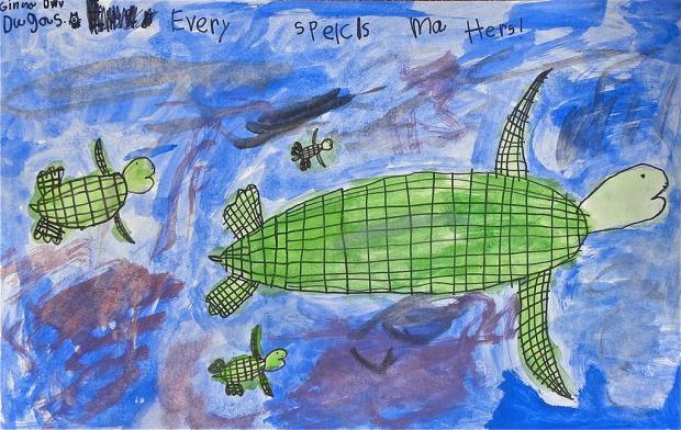 Poster of green turtles swimming through the ocean.