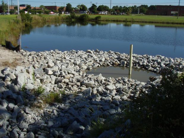This is a photo of the forebay of the Golden Isles Career Academy stormwater pond.