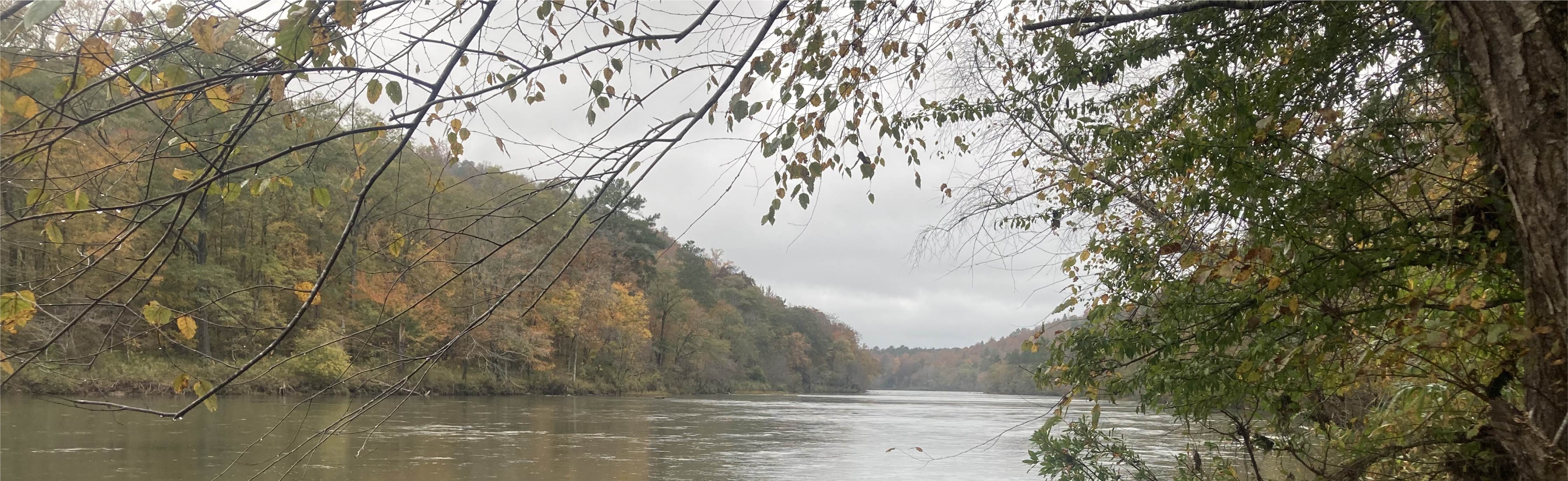 The Flint river flows upstream in the fall with a dark and cloudy sky.
