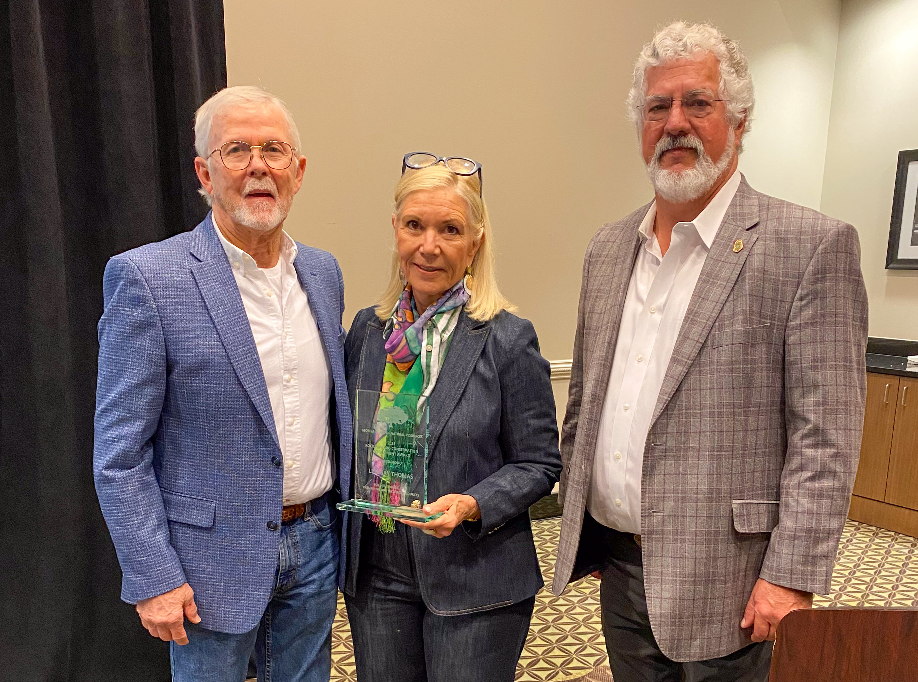 Former U.S. Rep. Lindsay Thomas, from left, poses with DNR Board Member Nancy Addison, and DNR Board Chair Joe Hatfield on Jekyll Island on April 24, 2024. DNR photo by Trevor Santos. Former U.S. Rep. Lindsay Thomas, from left, poses with DNR Board Member Nancy Addison, and DNR Board Chair Joe Hatfield on Jekyll Island on April 24, 2024. DNR photo by Trevor Santos.