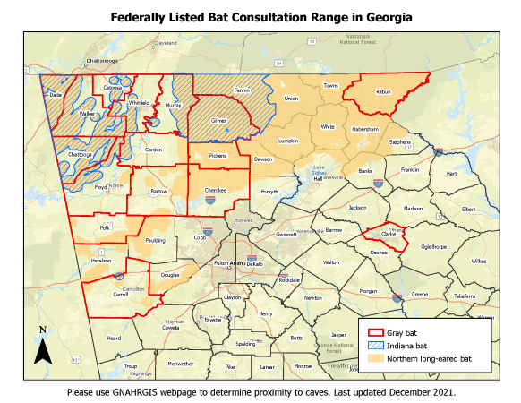 Federal bats range map of Georgia as of December 2021