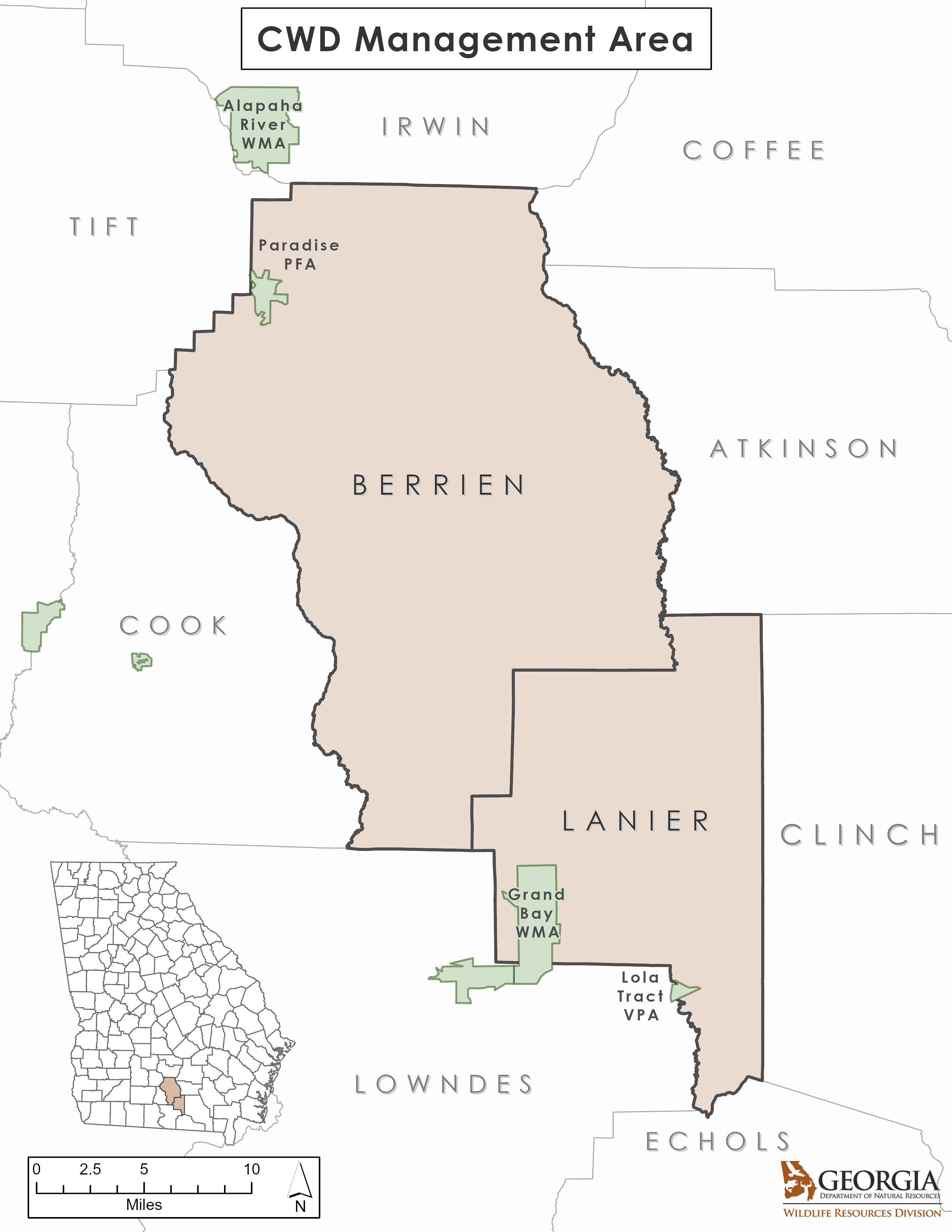 County map of Georgia highlighting Berrien and Lanier county as CWD management areas.