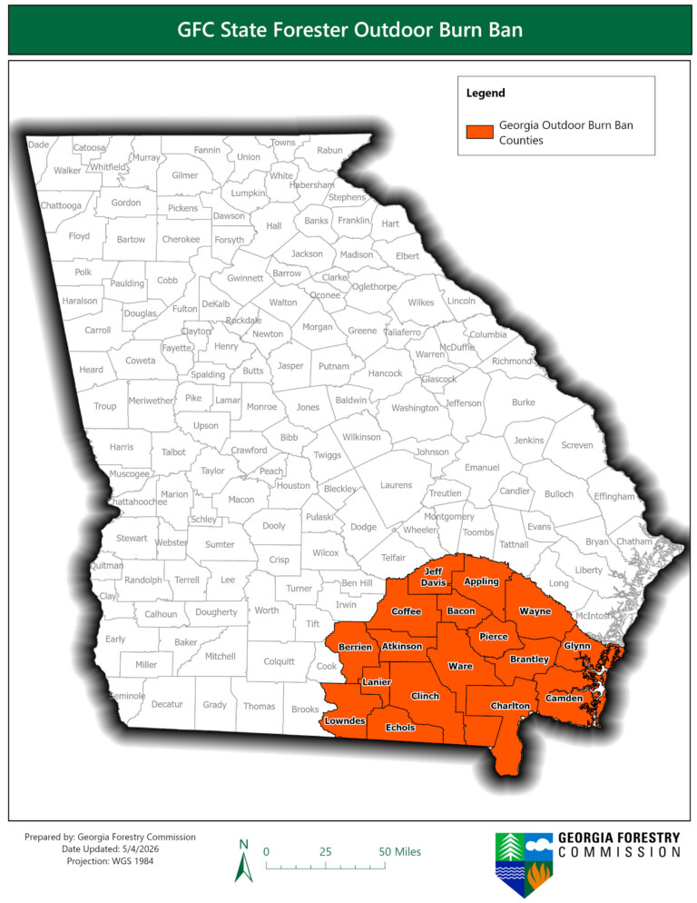 Georgia Map of counties under the State forester burn ban.