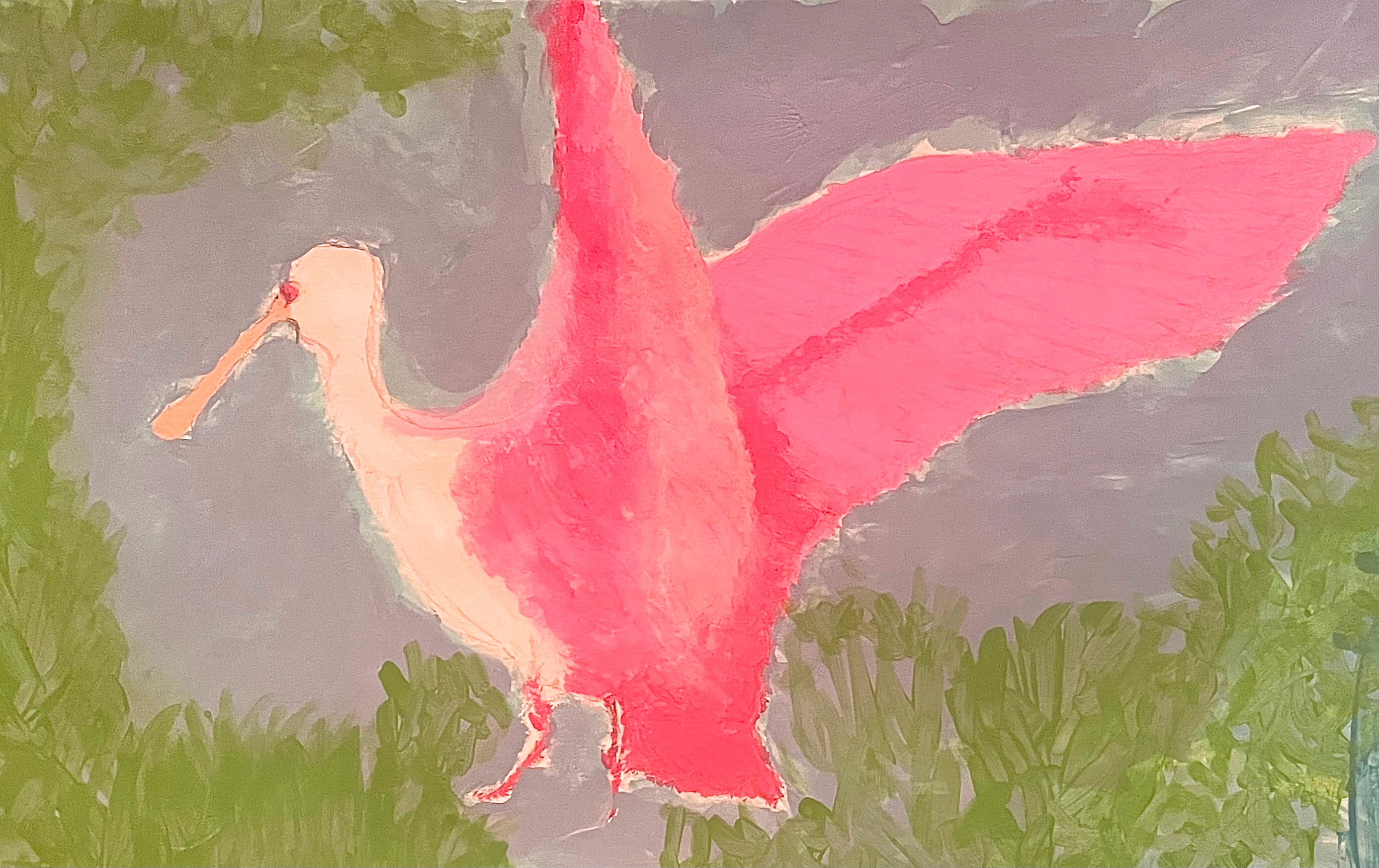 Roseate Spoonbill spreads its wings, watercolor painting