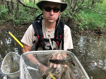 Biologist holding snakehead in net