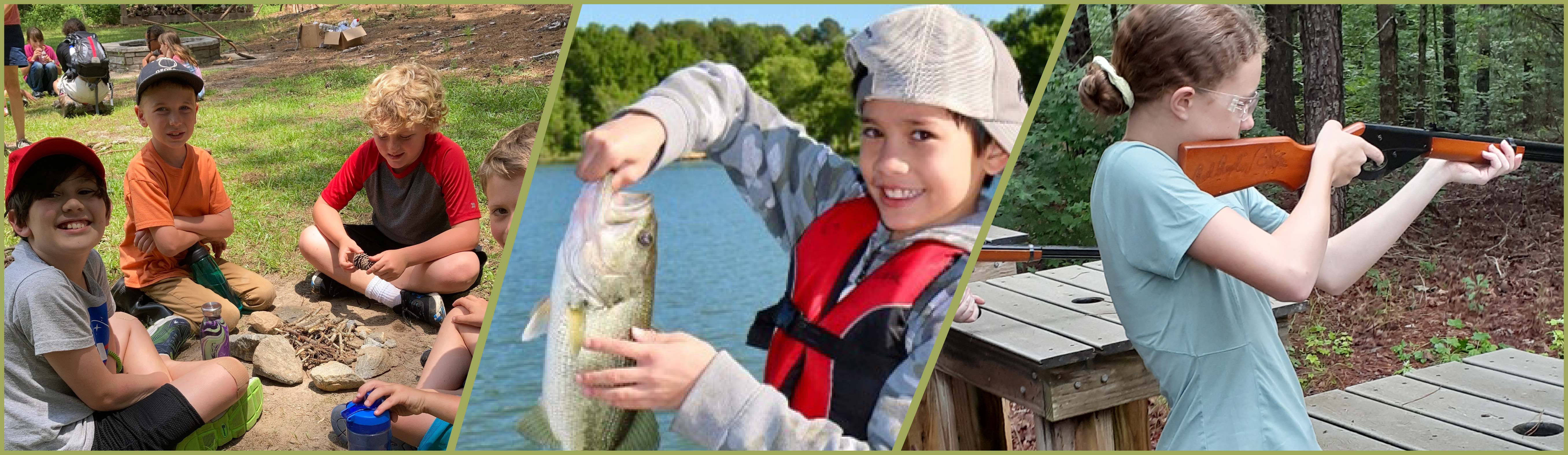 A collage of children engaging in outdoor activites. From left to right: four boys sit around a campfire, a young boy holds up a fish, a girl aims an air rifle during target practice