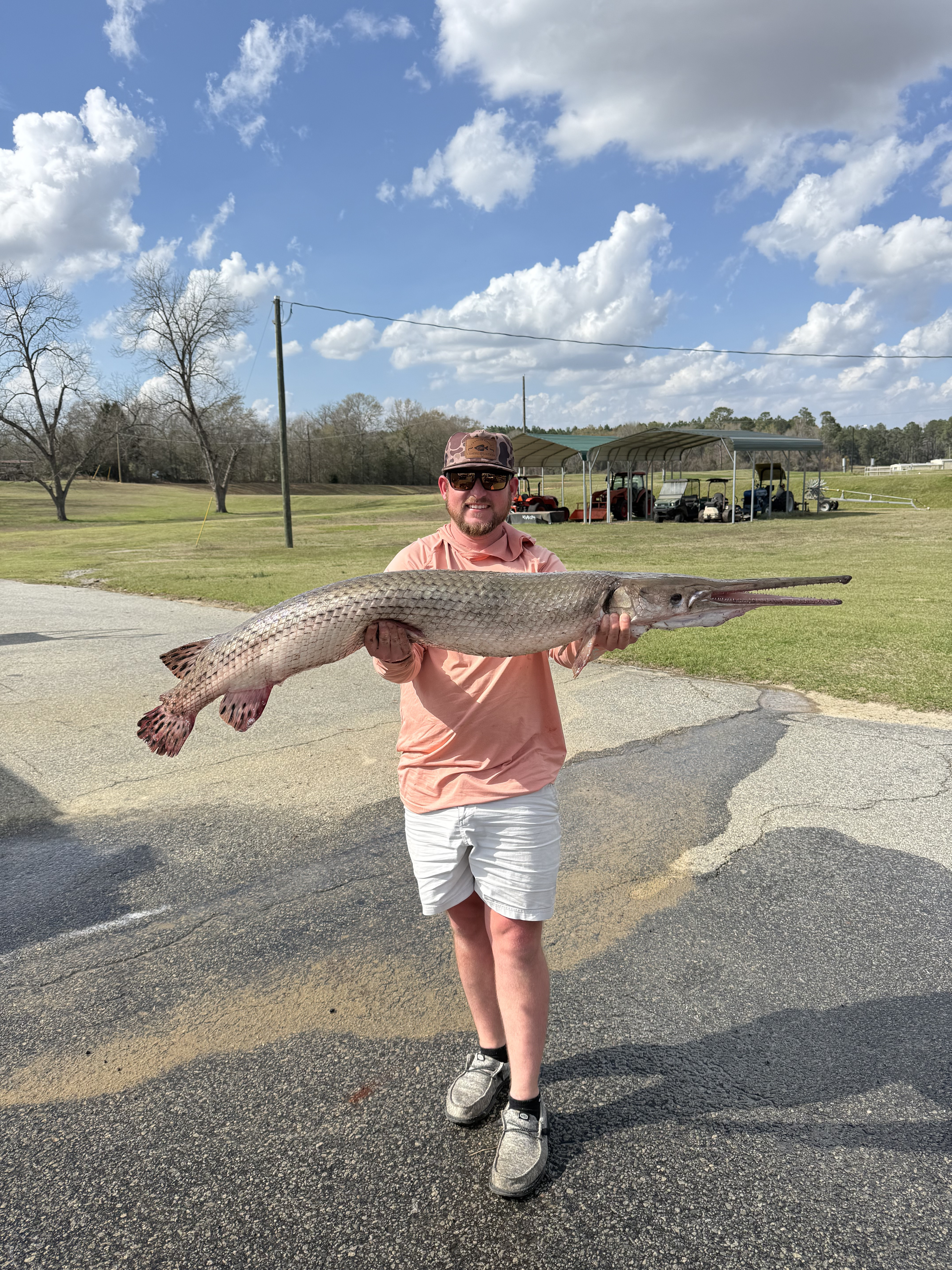 A man in a pink shirt and white shorts holds up a long silver scaled longnose gar.